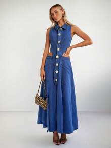 Forever 21 Sleeveless Vintage Elegant Street Style Dress For Women, Spring - Medium Wash - View 7