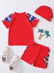 SHEIN 3pcs/Set Young Boy Kids Comfortable, Casual, Cute, Fashionable Racing Car Pattern Red Swimsuit Three Pieces Set With Swimming Cap, Suitable For Spring And Summer Seasons, Suitable For Outdoor Vacation, Swimming, Soaking In Hot Springs, Wearing Swimsuit Cover Up, Beach Swimming, Beach Surfing Vacation - Red - View 2