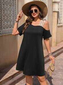 SHEIN LUNE 大码女式斜肩弹力针织不对称短袖宽松休闲弹力黑色连衣裙 - 黑色 - 查看 7