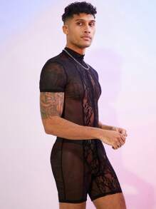 FeverCity Men's Lace Contrast Mesh Slim Fit Jumpsuit & Bib Pants - Black - View 3