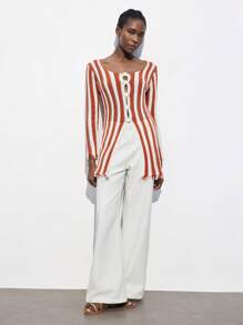 Maija Blouse de vacances à manches longues, nœud sur le devant, motif rayé, style bohème, pour femmes