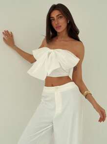 Aloruh White Contrast Fabric Bow Front Bustier Crop Top, Romantic For Wedding And Date