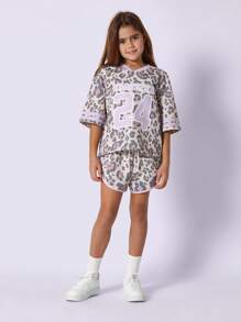 SUMWON Girls Two Piece Brooklyn 24 Leopard Print Sports Set, Athletic Wear Sweatshirt Shorts Matching Set For Tween Girls, Casual Summer Fashion - Khaki - View 1