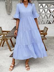 EMERY ROSE Women's Vacation Casual Plaid Cut-Out Neck Long Dress