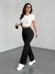 SHEIN PETITE Women's Solid Color Flared Trousers Black And White Two-Pack More Choices - Black and White - View 3