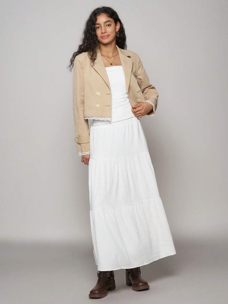 SHEIN EZwear Women's Layered Collar Long Sleeve Double-Breasted Contrast Lace Trench Coat