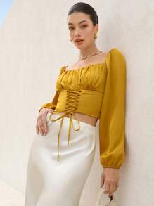 Aveloria Rosie Blouse à manches courtes et longues, col carré satiné brillant, avec nœud à la taille, style romantique français de vacances