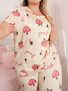 Cartoon Peach Print Plus Size Short Sleeve Top & Pants Pajama Set