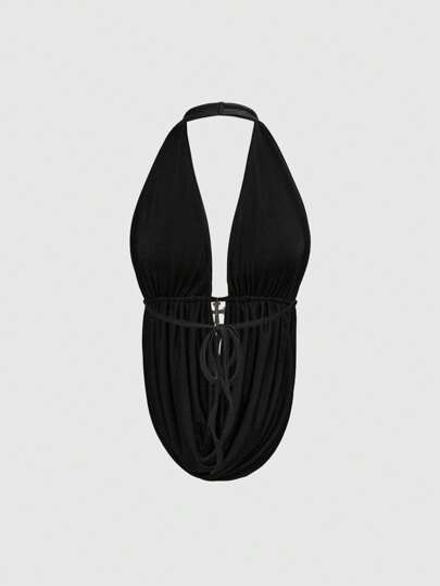 Hippie Top sin mangas para mujer con cuello drapeado con colgante cruzado negro brillante con efecto vintage