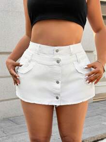 SHEIN EZwear Plus Size Women Single-Breasted Raw Hem Casual Denim Skort - White - View 1