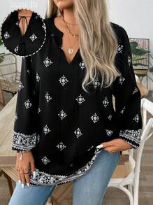 SHEIN LUNE Women's V-Neck Tie Lantern Sleeve Long Sleeve Fashionable Printed Versatile Plus Size Blouse
