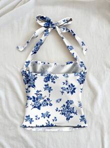 Soleia Parte superior de punto texturizada con lazo en el cuello para mujer talla grande, corte favorecedor, apropiada para verano en estampado floral azul pequeño, vacaciones, primavera/verano