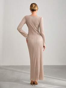 CLARA VERO Elegant Style Pleated Satin Quality Maxi Dress - Beige - View 2