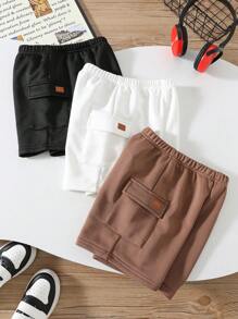 SHEIN 3pcs Young Boys' Casual Comfortable Pockets & Embellished Knit Shorts Set