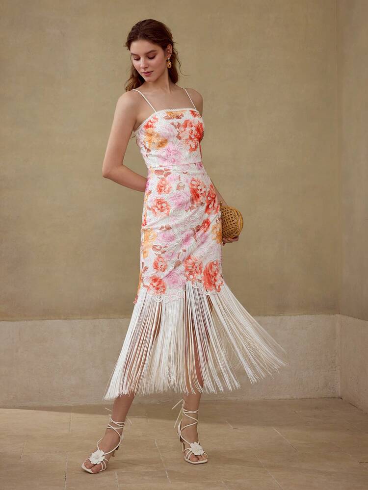 FLORAL PRINT FRINGE HEM DRESS