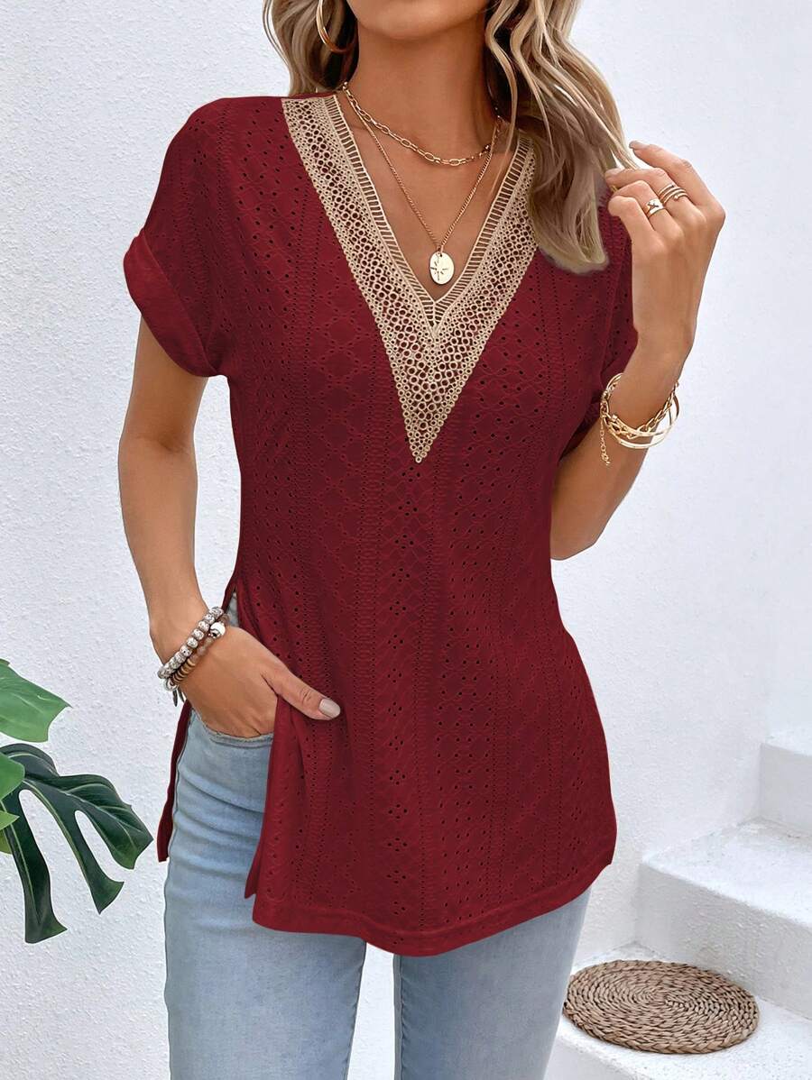 SHEIN LUNE Contrast Lace Batwing Sleeve Split Hem Tee Graphic Tees Women Tops - Burgundy - View 1