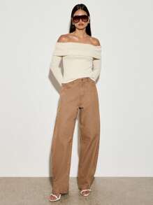 AiiRZ 超宽腿高腰直筒牛仔裤，复古休闲宽松风格，超大宽松版型秋冬时尚 - 卡其色 - 查看 3