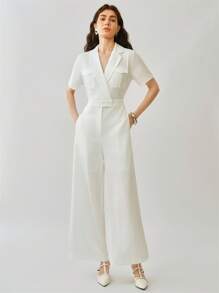 Uhlyne 时尚编织连体裤优雅通勤翻领修身女士长裤连体裤 - 白色 - 查看 5