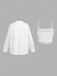 SHEIN EZwear 大码纯色细肩带吊带背心和夹克两件套，休闲 - 白色 - 查看 2