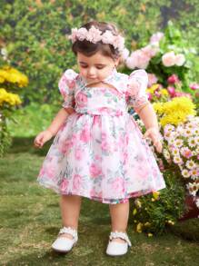 SHEIN Babygirl Lovely Floral Organza Dress, Elegant Summer - Pink - View 3