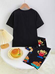 SHEIN Tween Boy Funny Cartoon French Fries Pattern Round Neck Short Sleeve Long Pants Loose And Comfortable Home Clothes Pajama Set Two-Piece Set - Black - View 2