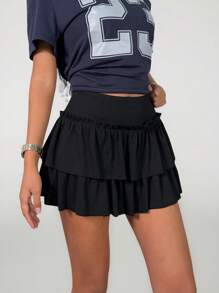 SHEIN 少女春夏分层高腰蛋糕裙，内置衬里，防止透视，裙子设计 - 黑色 - 查看 4