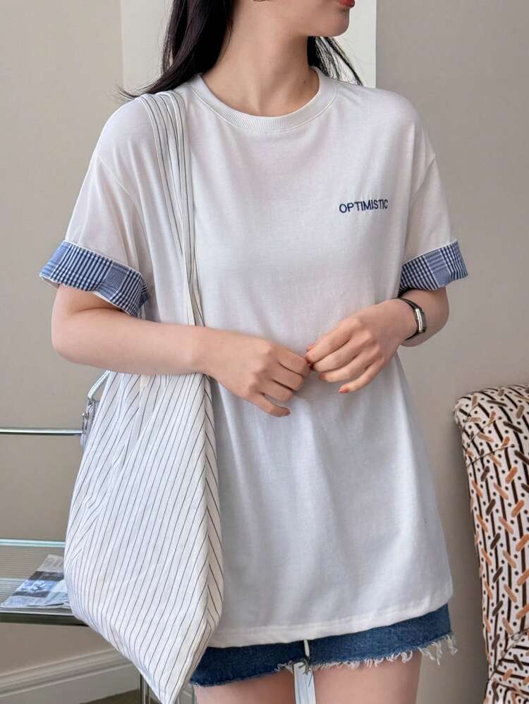 Women's Colorblock Plaid Patchwork Short Sleeve T-Shirt