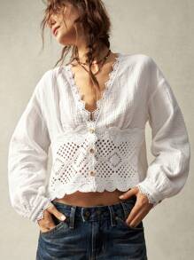 Bohemela Plus Size Solid V-Neck Long Sleeve Fitted Blouse,Vintage - White - View 4