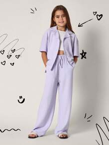 SUMWON Conjunto de dos piezas informal de tela texturizada, compuesto por una camisa cuadrada y pantalones anchos, ropa de playa y resort de verano, vestimenta ligera