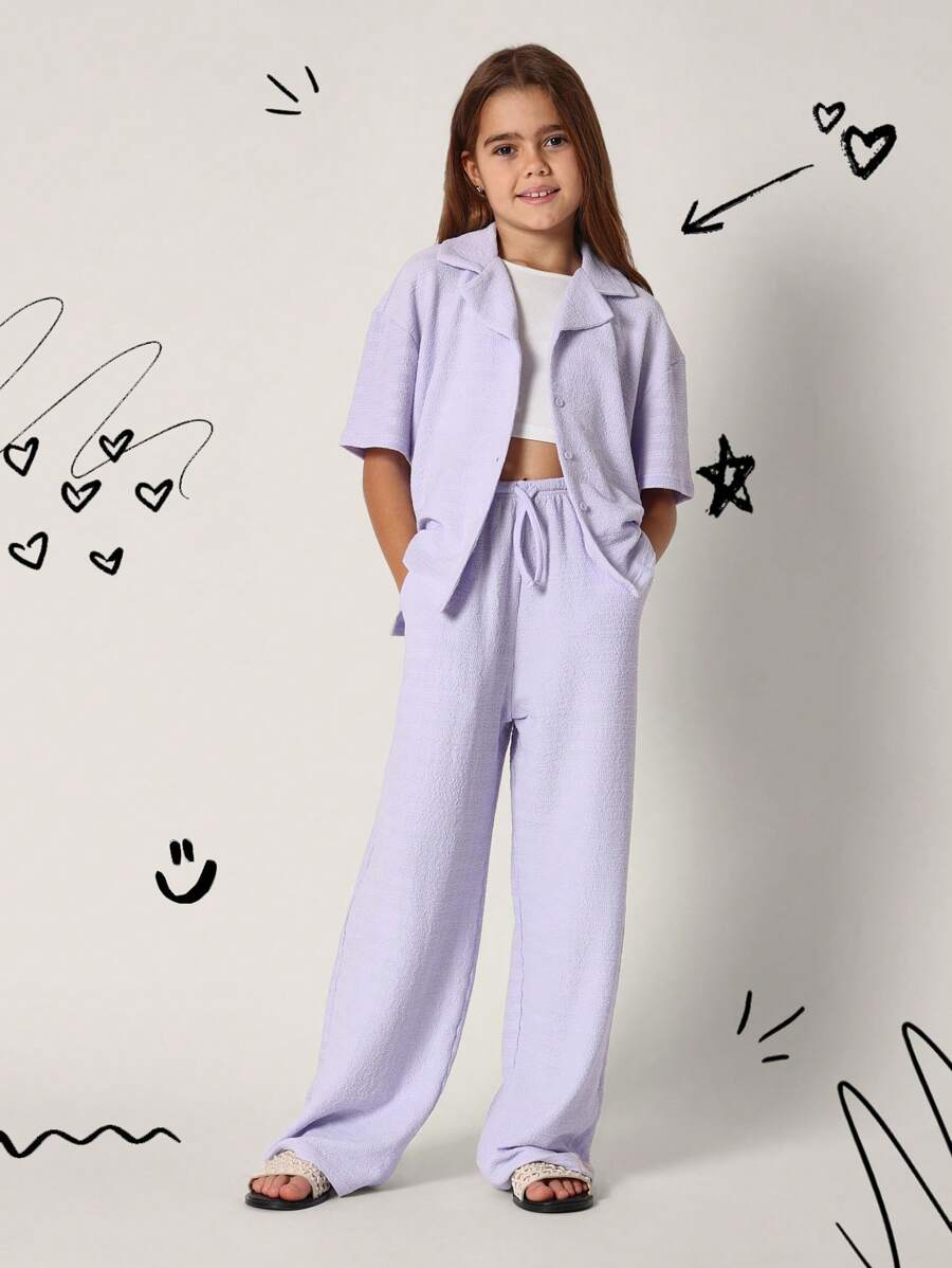 SUMWON Conjunto de dos piezas informal de tela texturizada, compuesto por una camisa cuadrada y pantalones anchos, ropa de playa y resort de verano, vestimenta ligera