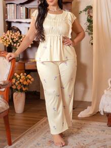 Côtesoire Floral Print Ruffle Hem Plus Size Women Pajama Top & Pants Set - Multicolor - View 5