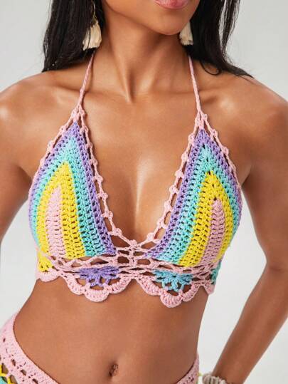 SHEIN Swim Top halter de ganchillo multicolor hecho a mano para vacaciones, estilo boho, vestimenta de playa de verano para mujer