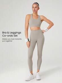 GLOWMODE Set de 2 piezas: Sujetador deportivo Powersculpt™ de espalda cruzada con tirantes anchos que absorbe la humedad y proporciona una sensación fresca, y mallas de 24" para entrenamiento de alto impacto, correr y entrenar con copas desmontables