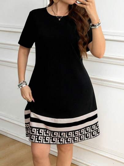 SHEIN LUNE Vestido casual de talla grande para mujer con cuello redondo y mangas cortas a rayas