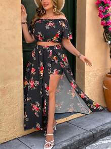 SHEIN VCAY Conjunto 2 en 1 de talla grande, blusa con hombros descubiertos y estampado floral romántico, y falda/pantalón de línea A con abertura frontal, conjunto casual para vacaciones, primavera, verano, playa y brunch para mujer, también ideal para aeropuerto.