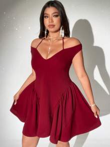 Viva Relle Plus Size Women Solid Color Ruffle Ruffle Hem Fashion Dress - Red - View 6