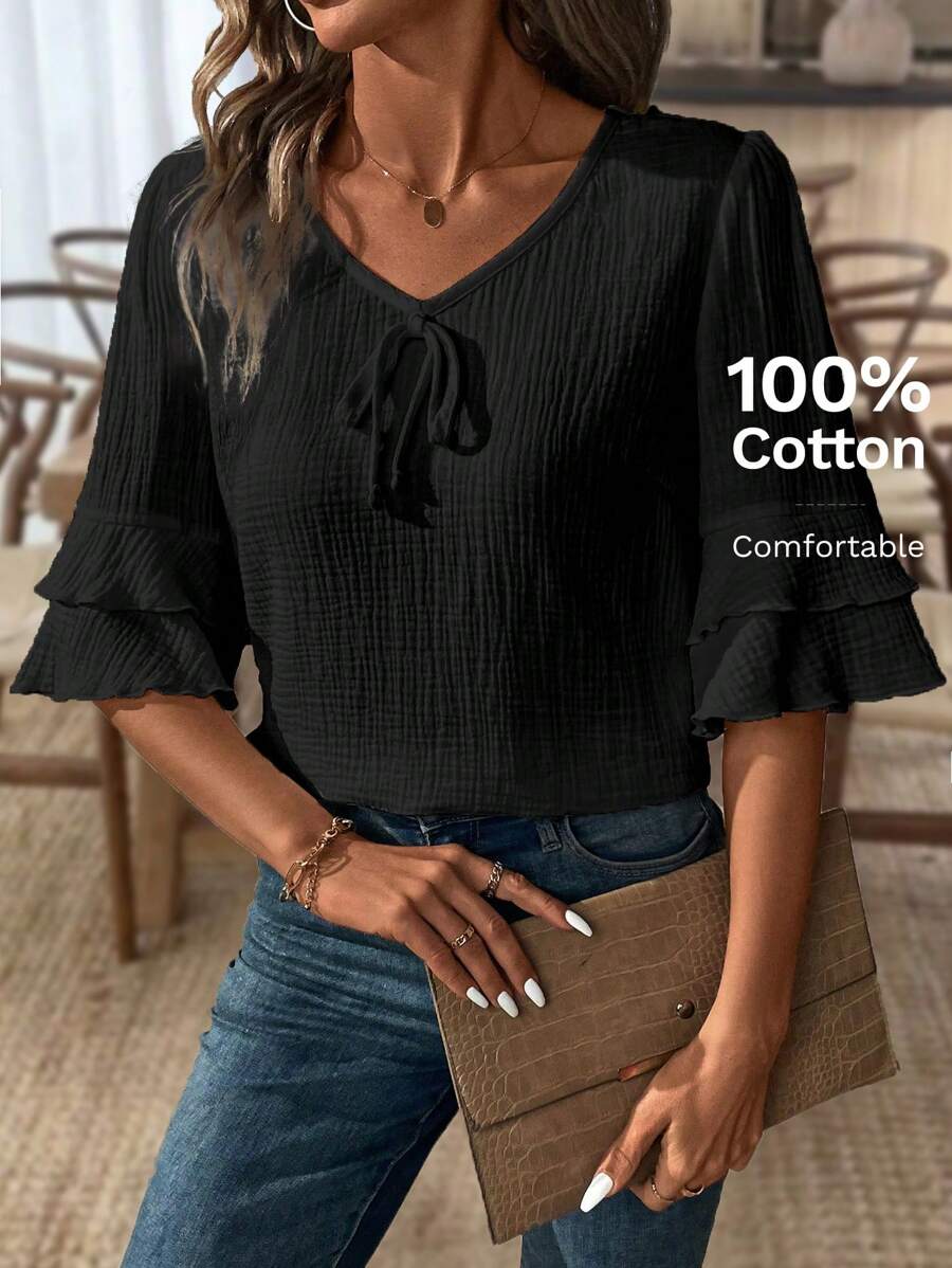 SHEIN LUNE Casual linne V-ringad volangärmad blus för kvinnor - Svart - Visa 1