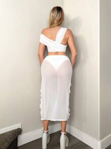 Sweetina 2pcs Set: Asymmetric Asymmetrical Shoulder Ruched Mesh Crop Top And High-Low Ruffle Hem Maxi Skirt