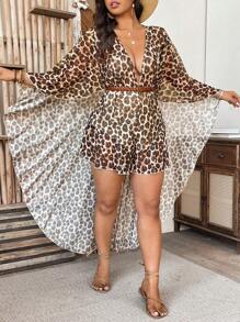 SHEIN Clasi 大码豹纹 V 领斗篷袖荷叶边短裤休闲连体裤度假 - 彩色 - 查看 6