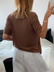 DAZY 女士纹理纯色短袖V领宽松休闲夏季上衣T恤，商务休闲女装，教师款 - 棕色 - 查看 2