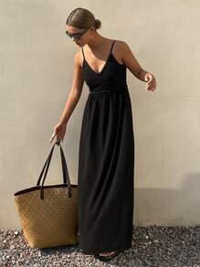 Livesso 女士串珠纯色吊带露背连衣裙，休闲度假风春夏连衣裙 - 黑色 - 查看 5