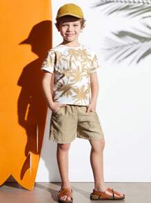 SHEIN 2pcs/Set Boys' Palm Tree Print Short Sleeve Casual T-Shirt And Shorts Set - Multicolor - View 1