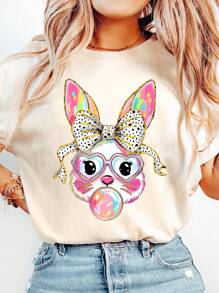 Flirla Plus Size Casual Minimalist Rabbit Print Short Sleeve T-Shirt - Apricot - View 1