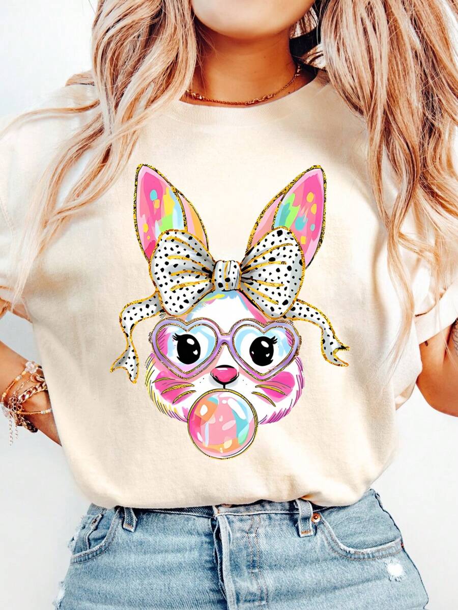 Flirla Plus Size Casual Minimalist Rabbit Print Short Sleeve T-Shirt - Apricot - View 1