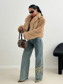 EURMUSE Stylish Faux Fur Oversize Cropped Women's Jacket - Mocha Brown - View 5