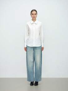 Aalyst Women's Fashion Casual Commute Elegant Long Sleeve Lapel Open Front Solid Color 100% Cotton Shirt - White - View 4