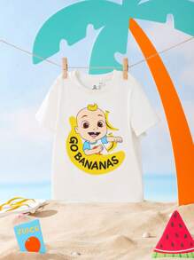 CoComelon X SHEIN Young Boy Banana Print White Simple Casual Versatile Short Sleeve T-Shirt - White - View 2