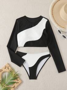 Swim SPRTY 2pcs Women Black & White Printed Design Round Neck Long Sleeve Swimwear Suit, Easy To Wear Sports Casual Surfing Outfit, Festival Boho, Summer Beach Vacation - Black and White - View 8