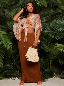 SHEIN SXY Set de 2 piese pentru femei plus size, cu top cu mâneci liliac și fustă tricotată, potrivit pentru ținute de zi cu zi, vacanță la plajă, întâlniri romantice, ziua de naștere, petrecere a burlacilor, drăguț, casual, cumpărături, streetwear, ieșiri în oraș, ușor de asortat și arată supl, îți accentuează corpul, flatează silueta - Portocale - Vizualizare 4