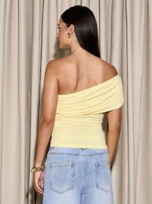 AiiRZ 褶皱不对称无袖抹胸上衣，适合晚宴、俱乐部、夏季等场合，无肩带修身垂褶设计，时尚百搭，适合约会之夜。 - 黃色 - 查看 2